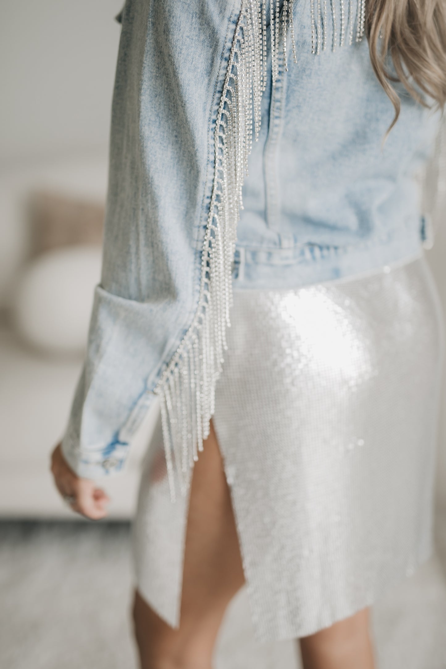 Denim Rhinestone Fringe Jacket